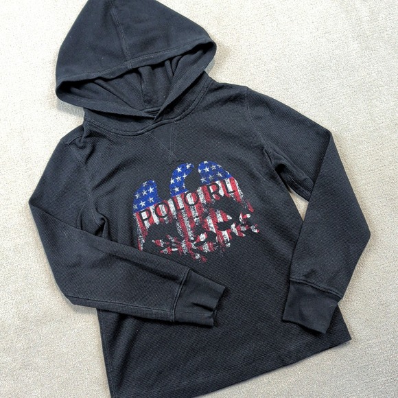 Polo Ralph Lauren Boys Thermal Hoodie Size 8 Black Waffle Knit Eagle Flag Top — photo 2